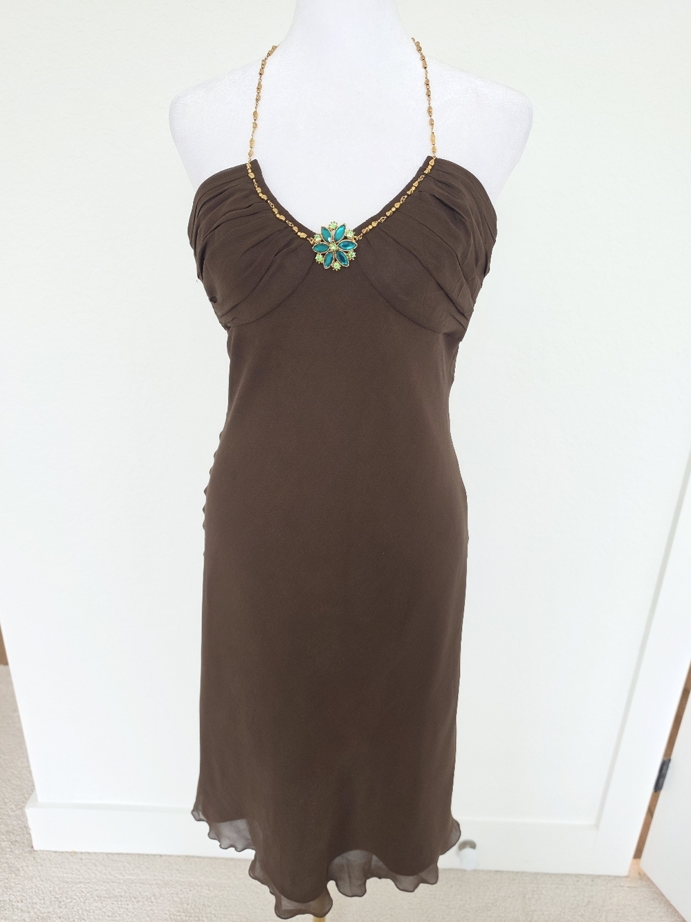 Vintage 90s Express Brown Silk Halter Midi Dress Jeweled Chain Neckline Y2K Sz 6